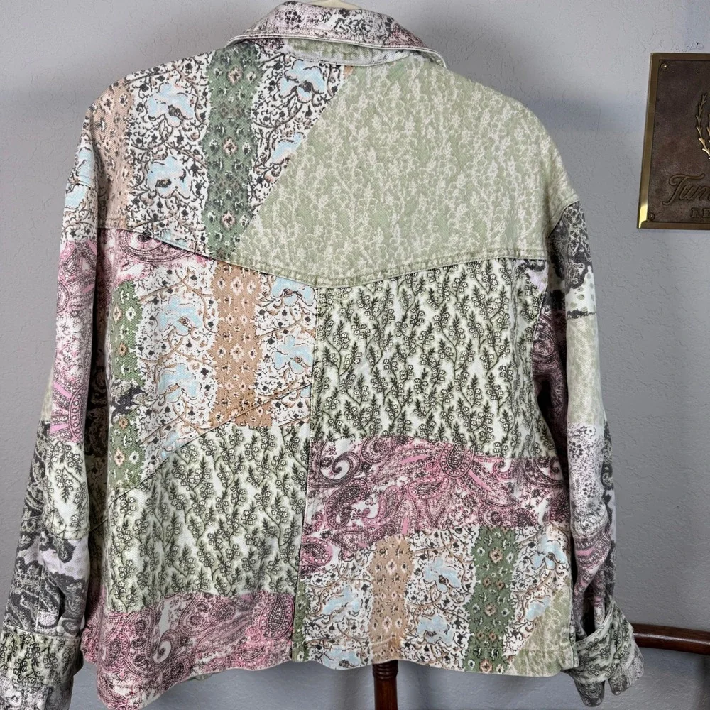 Free People Womens Patchwork Denim Jacket Paisley Floral Multi Color XS - Picture 7 of 11